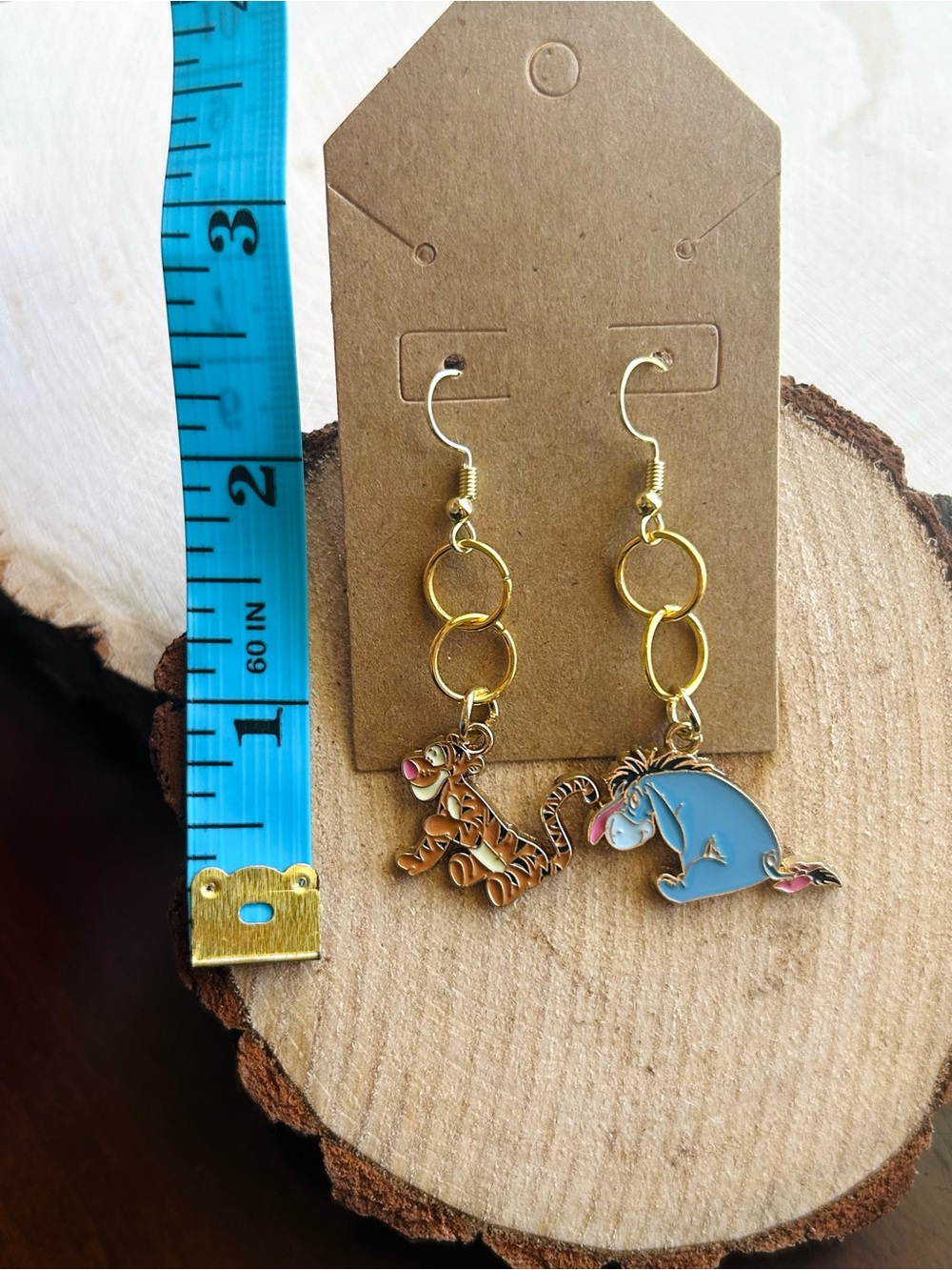 Disney Winnie the Pooh Tigger & Eeyore Handmade Dangle Earrings Gold Tone - Picture 6 of 6